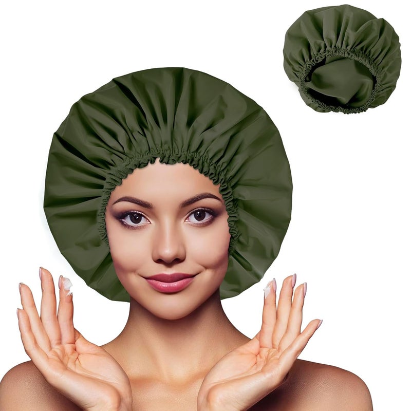 CHFONG Shower Cap for Women, Double Layer Waterproof Bath Cap, Reusable Hair Protector, Large Waterproof Shower Bonnet Washable Elastic Band Bath Hair Hat for Long Hair, Braids， - Dark Green - Image 2